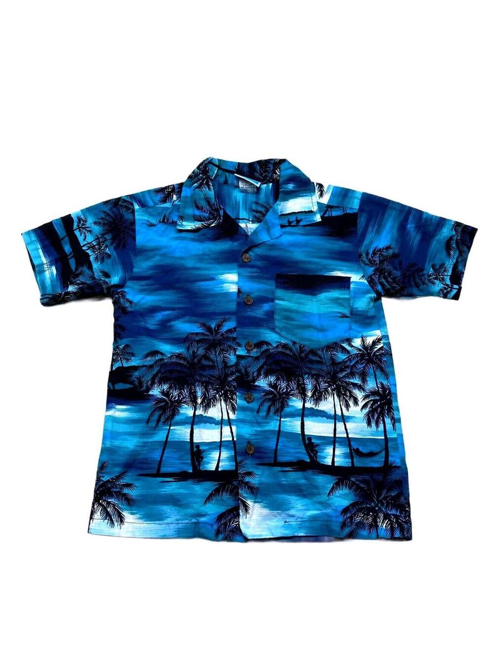RJC Made in Hawaii Blue Palm Tree Hawaiian Camp Shirt Kids Size 8